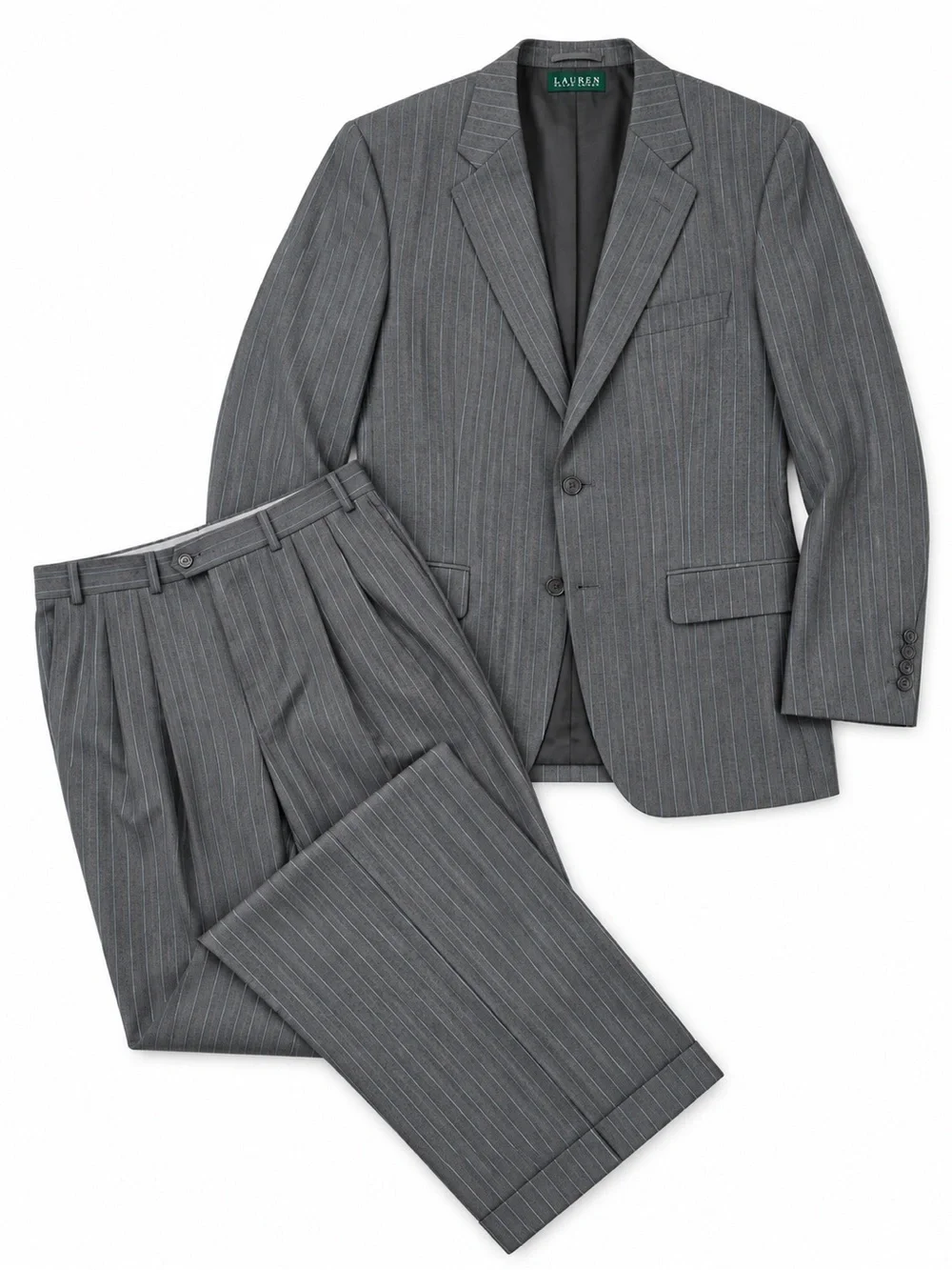 Ralph Lauren Mens 2 Pc Gray Pinstripe Wool Suit 42R 38W Pleated Cuffed Trousers